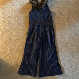 Janie and Jack Blue Striped Jumpsuit with Faux Fur Collar
